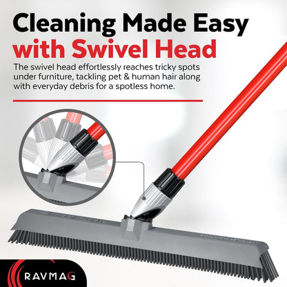 Skiennix 2-in-1 Silicone Rubber Broom | Swivel Pet Hair Removal with Long Handle - Ideal for Carpet & Floors