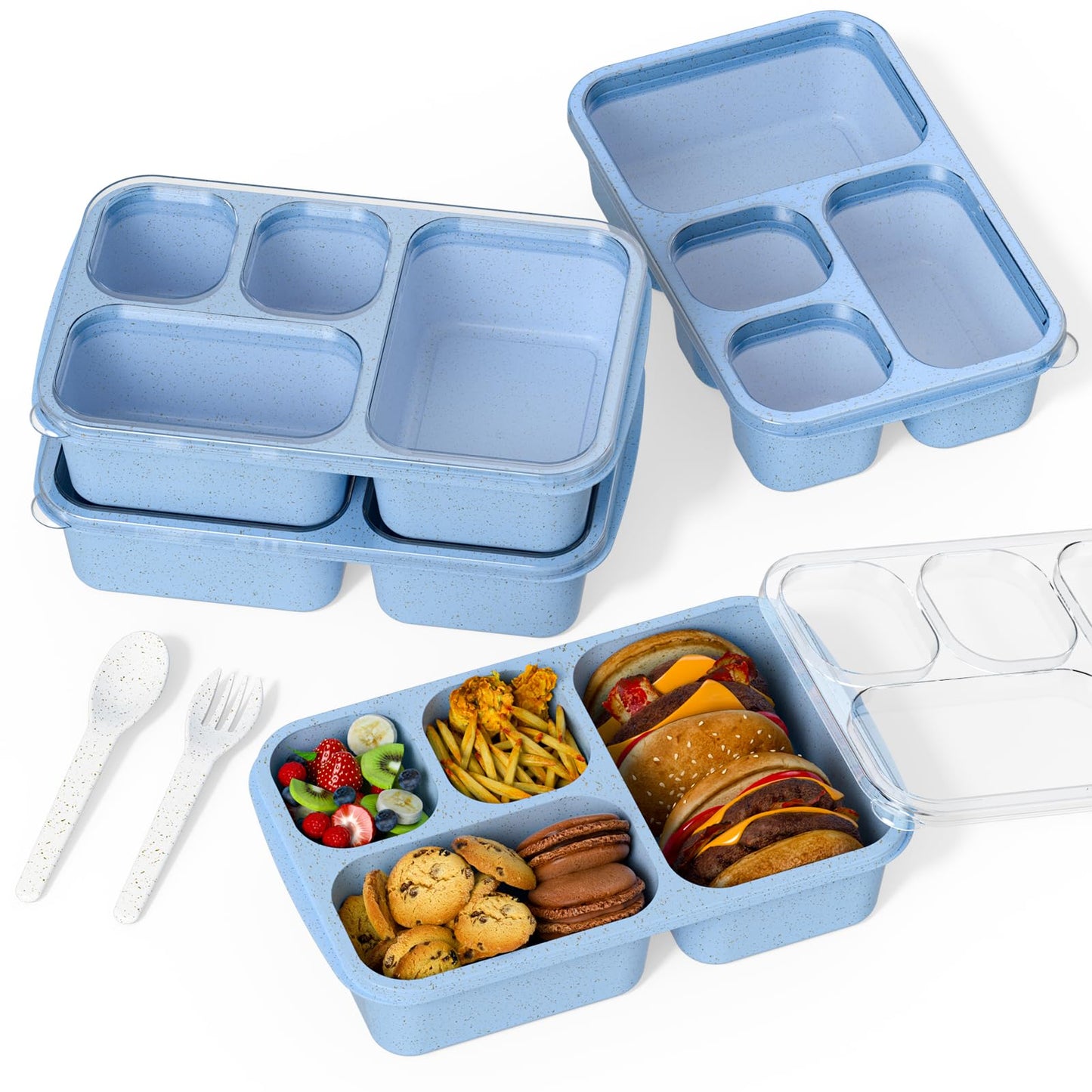 Bento Box for Adults and Snack Containers Set of 4 - Stackable, with 4 Compartments, Microwave & Dishwasher Safe, BPA Free - Reusable Meal Prep Containers for Kids and Adults (Blue)