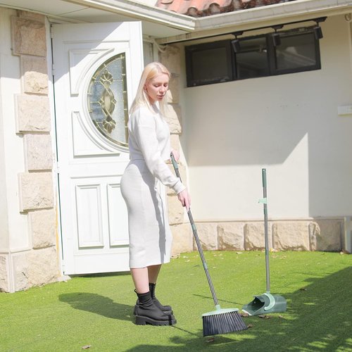 Ivandar Broom and Dustpan Set - Long Handle Combo for Effortless Sweeping | Gray & Green