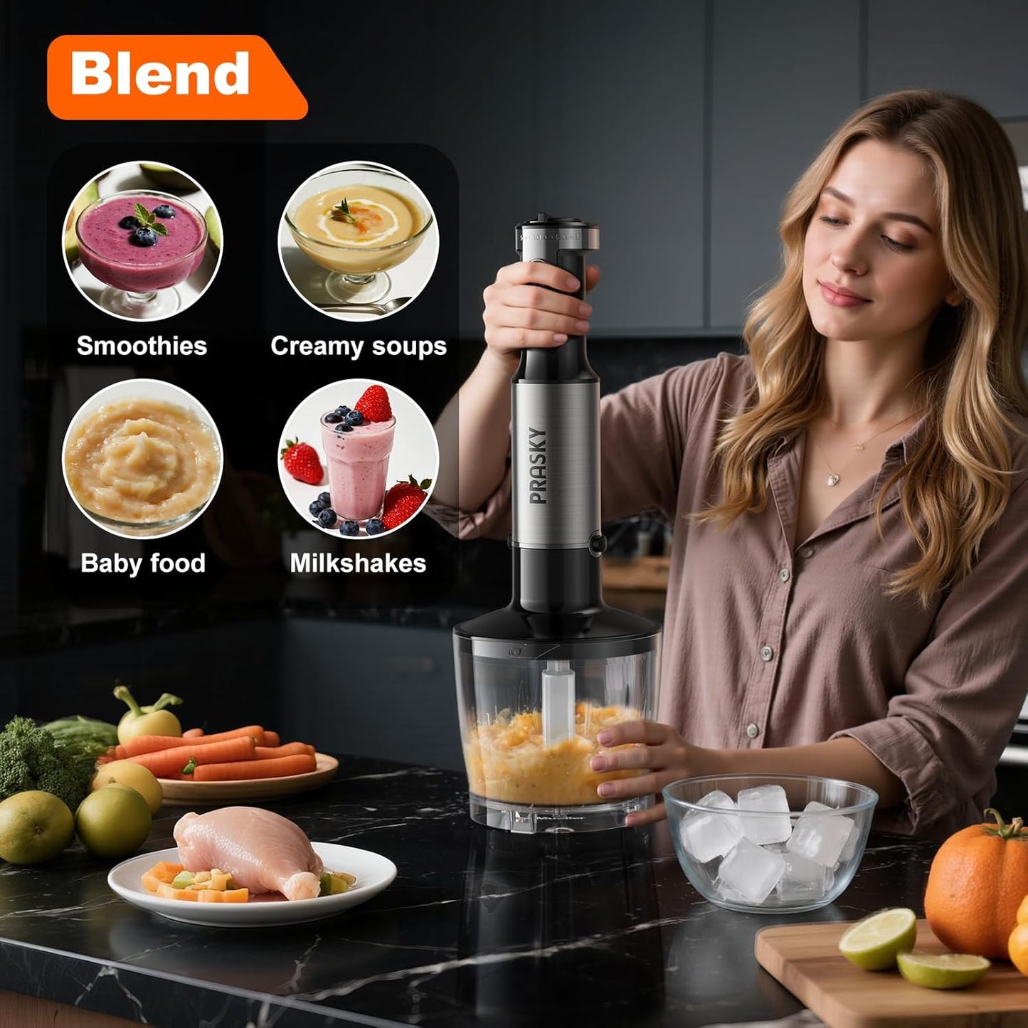 Skiennix Immersion Blender - 20-Speed Handheld Blender with Turbo Mode & Stainless Steel Blades | 600ml Beaker, 500ml Chopper (Silver)