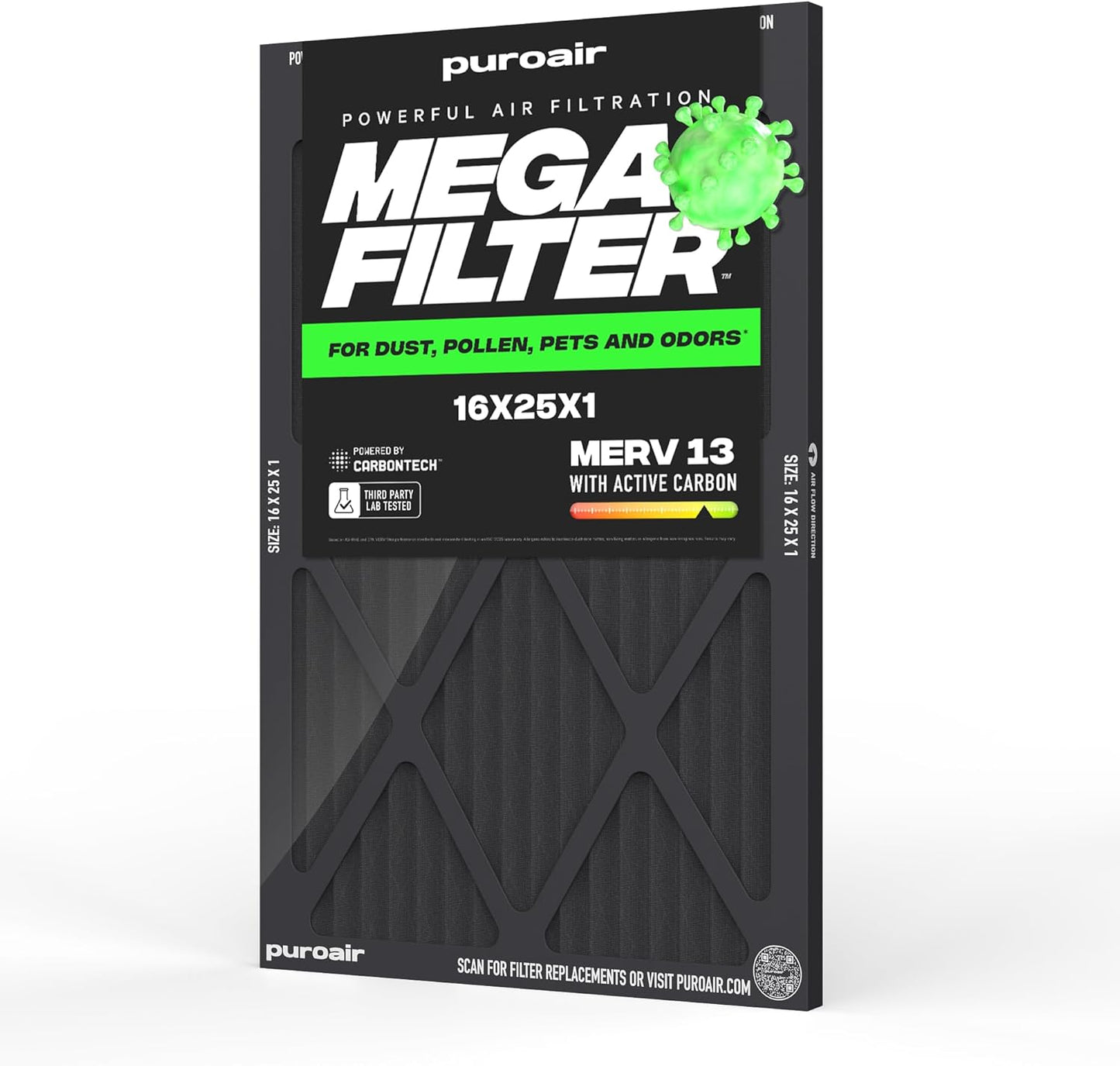 PuroAir MegaFilter - MERV 13 Activated Carbon Air Filter | Heavy-Duty 3-Layer Defense 16x25x1