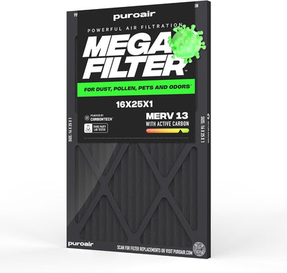 PuroAir MegaFilter - MERV 13 Activated Carbon Air Filter | Heavy-Duty 3-Layer Defense 16x25x1