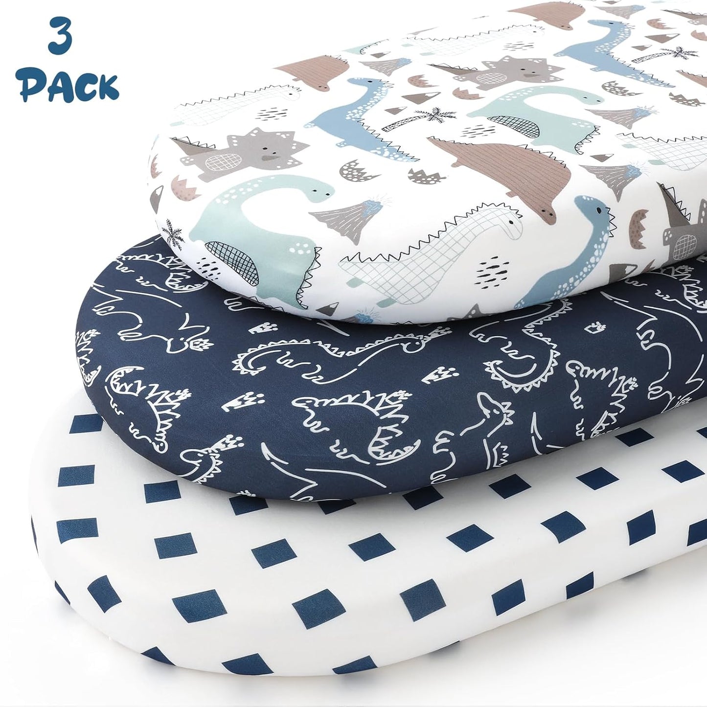 Yoofoss Bassinet Sheets - 3-Pack Fitted Baby Sheets Set for Halo & Baby Delight | Soft Dark Blue Dinosaurs