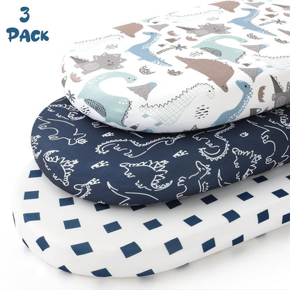 Yoofoss Bassinet Sheets - 3-Pack Fitted Baby Sheets Set for Halo & Baby Delight | Soft Dark Blue Dinosaurs
