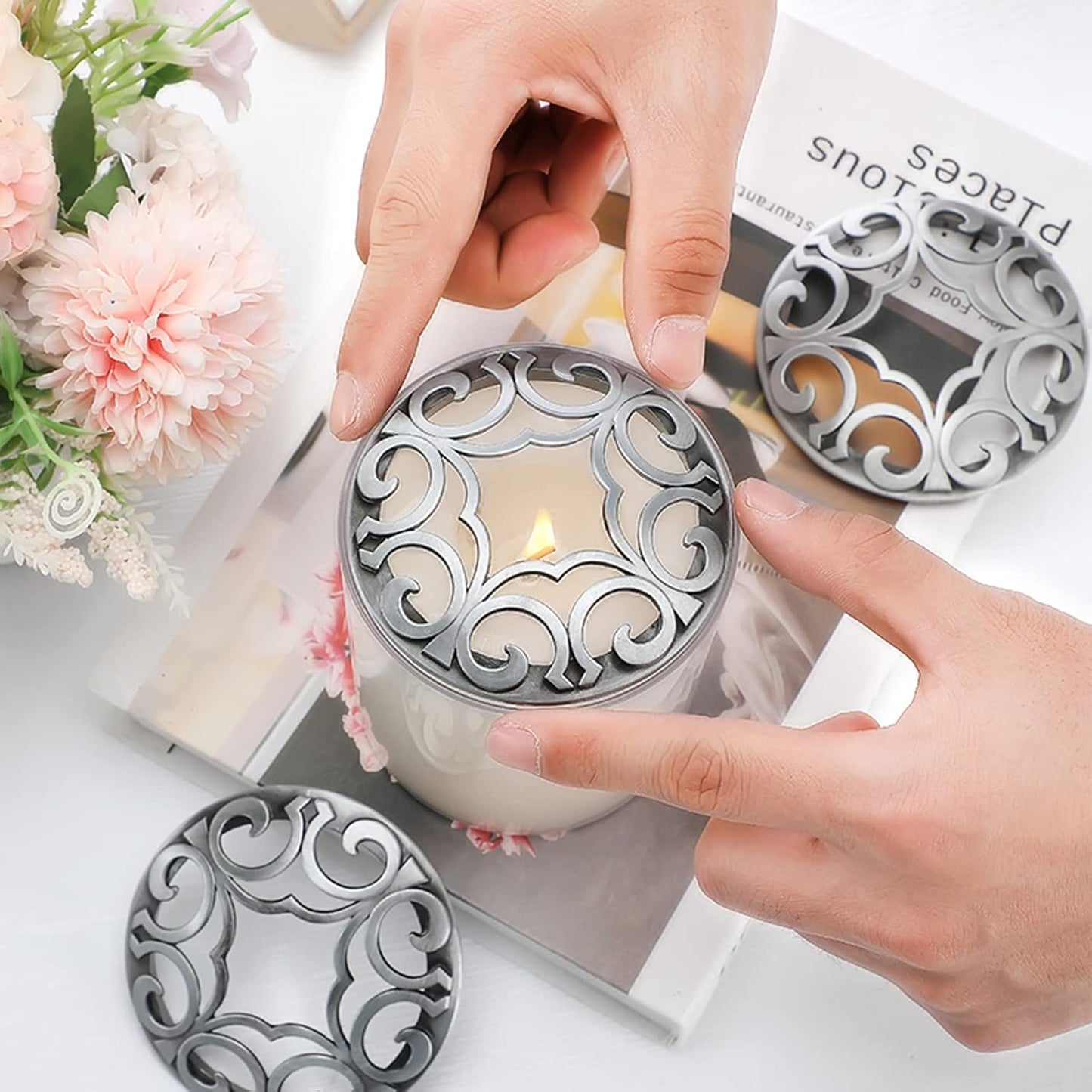 Shellwei Candle Toppers - 4 Pcs Silver Jar Lids for Even Burning | Perfect Gift for Women