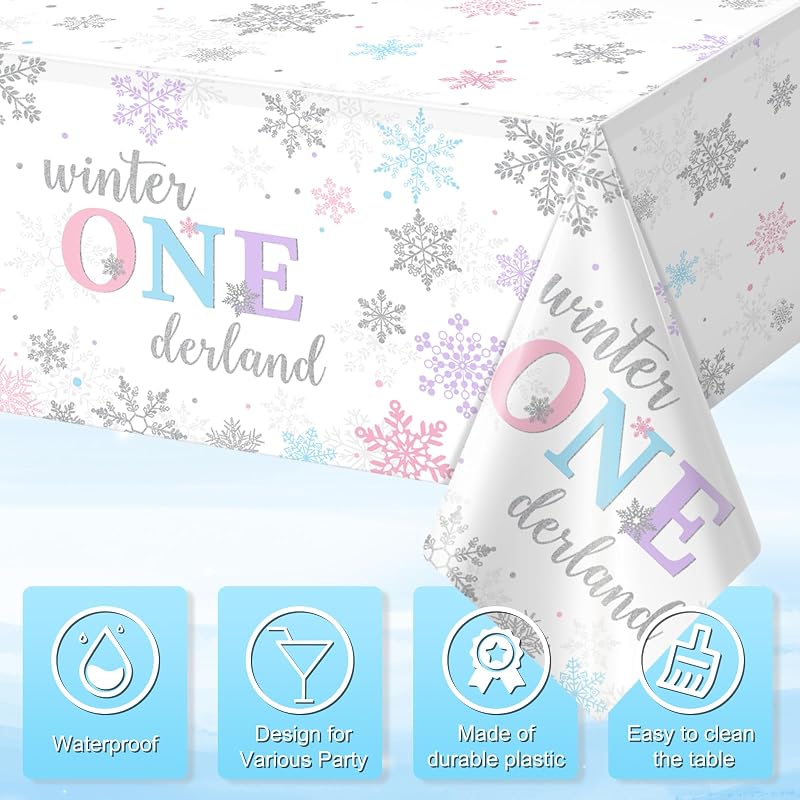 6Pcs Winter Onederland Tablecloths 54x108 in - Snowflake Disposable Party Covers (Purple Pink Blue) 6 Pack