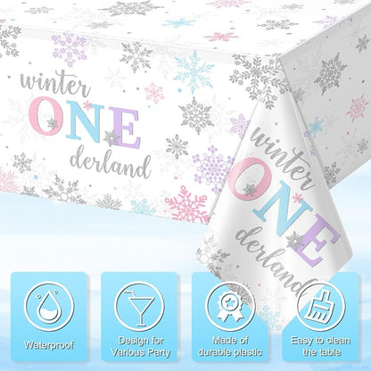 6Pcs Winter Onederland Tablecloths 54x108 in - Snowflake Disposable Party Covers (Purple Pink Blue) 6 Pack