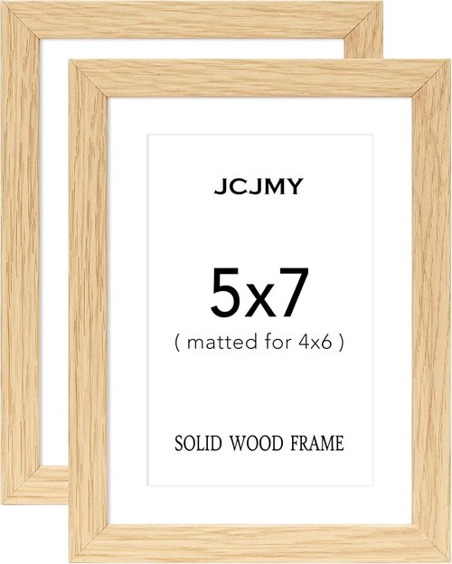 JCJMY 5x7 Solid Wood Picture Frame Set - Display 4x6 with Mat or 5x7 Without Mat, Natural Finish, 2 Pack