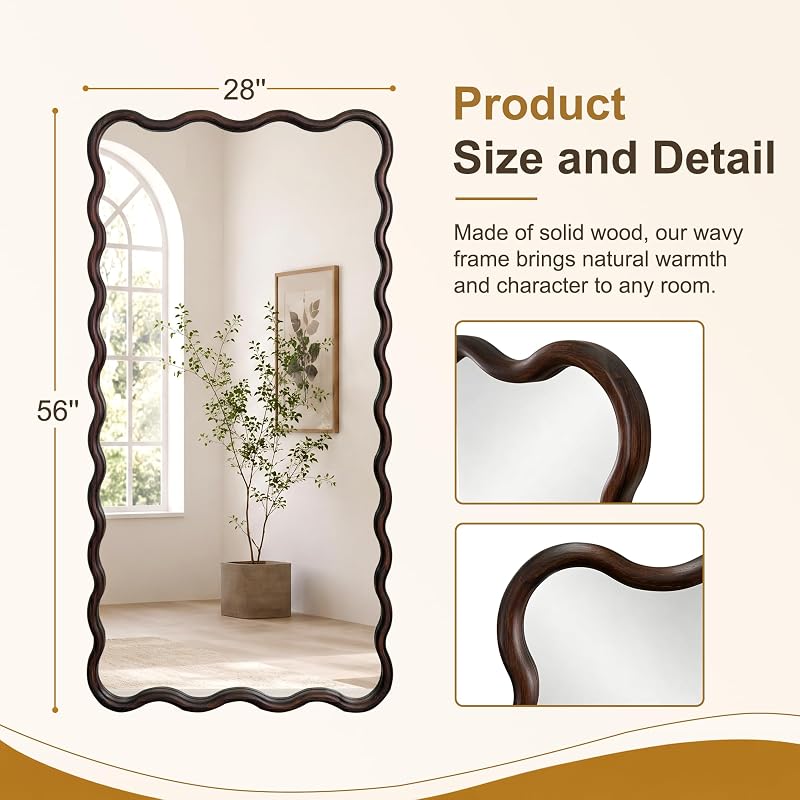 AMOISE Full Length Mirror 56x28 in - Brown Boho Wavy Floor Mirror
