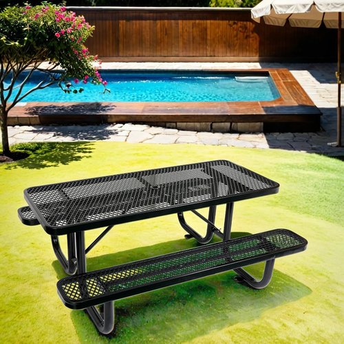 Phyfalip 6 ft. Rectangular Outdoor Steel Picnic Table with Umbrella Pole, Heavy-Duty Weather-Resistant Dining Table for Patio, Backyard, and Garden, Rust-Resistant Finish, Black