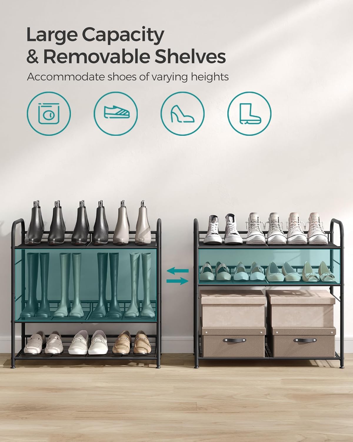 SONGMICS 4-Tier Shoe Rack - Stackable Metal Storage Shelf for 16 Pairs | Adjustable Slanted Design, Black
