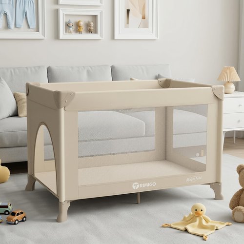 Trimigo Portable Travel Crib & Playpen - Baby Safe Folding Travel Bed w/Mattress, Breathable Mesh | Compact Lightweight Baby Bed | Pack and Play for Babies & Toddlers (Khaki)