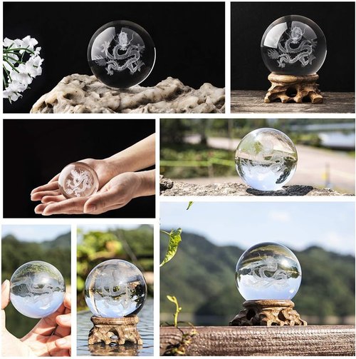 HDCRYSTALGIFTS 3D Inner Carved Dragon Crystal Ball - 60mm Glass Paperweight with Wooden Base for Lucky Birthday Gift