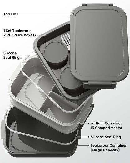 Skiennix Bento Box - Insulated Lunch Bag, 74oz Capacity, 3 Stackable, Leak-Proof, BPA-Free, Microwave Safe - Dusk Gray