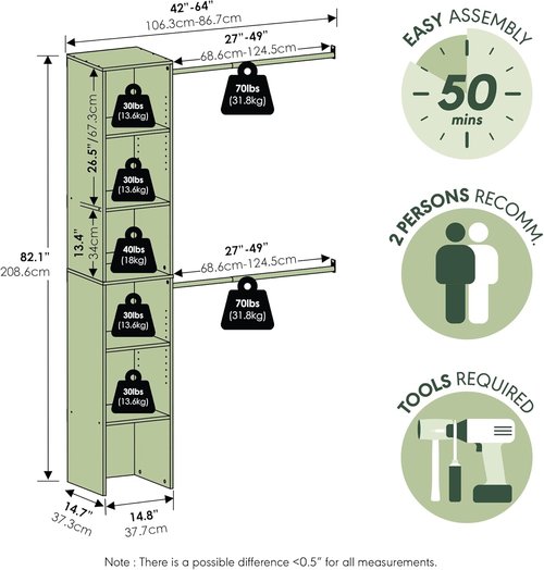 Furinno FANO Closet Organizer - 2 Hanging Bars & Shelf Towers for Bedroom Storage | White