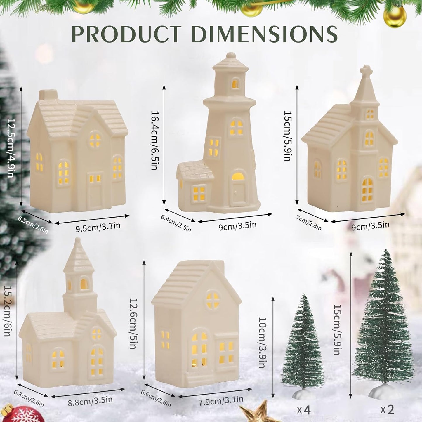 Skiennix 11 Pcs White Ceramic Christmas Village Houses - Light Up Xmas Town Decor with Timer
