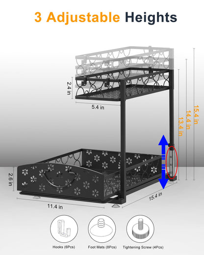 Sevenblue 2 Pack Under Sink Organizer, Adjustable Height Metal Under Kitchen Cabinet Organizer, 2-Tier Sliding Shelf Storage, Multi-Use for Under Kitchen Bathroom Sink Organizers and Storage, Black