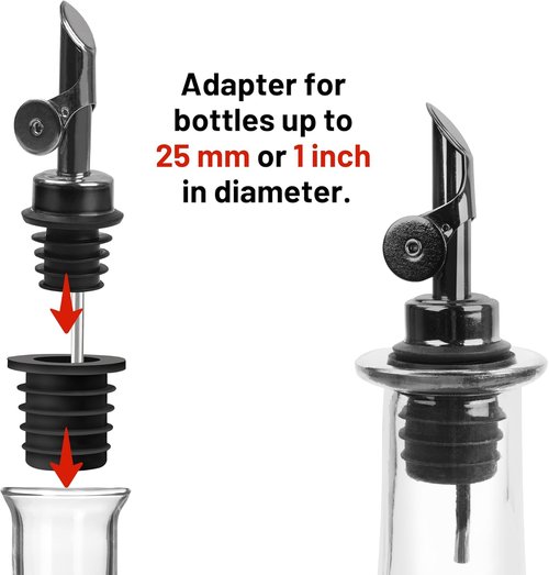 Liquor Pour Spout for Bottles, Hygienic Quick Bottle Pourer with 2 Adapters for Large Neck Bottles, Auto-Open/Close, for Alcohol, Olive Oil, Juices and Syrups, Black, 2 Pack