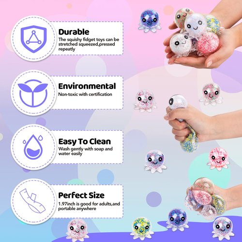 Fidget Stress Balls - 12 Pack Cute Octopus Squeeze Balls for Adults | Stress Relief & Party Favors