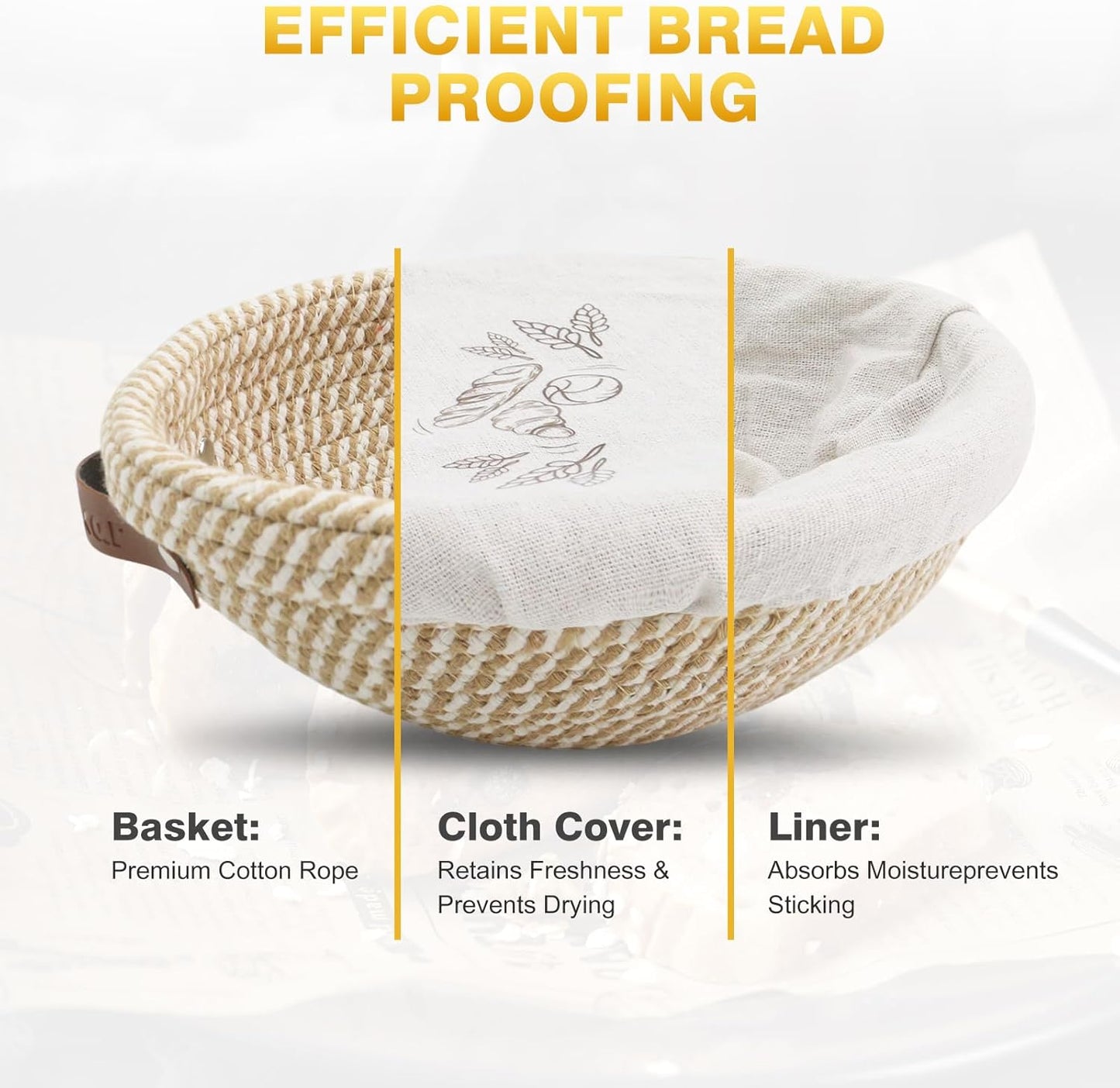 Nikkar Banneton Bread Proofing Basket Set - Round & Oval Cotton Rope Bowls, 9-11 Inches for Sourdough Baking