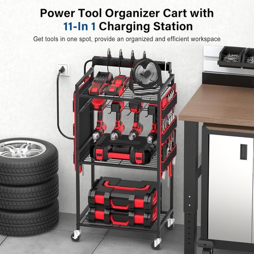 JUNNUJ Power Tool Organizer Cart - Heavy Duty Rolling Storage with 8 Outlets & 3 USB Ports | Floor Rack on Wheels