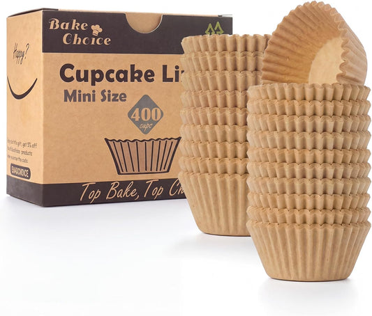 Bake Choice Mini Cupcake Liners - 400 Pcs Non-Stick Natural Parchment for Muffin Pans | Greaseproof