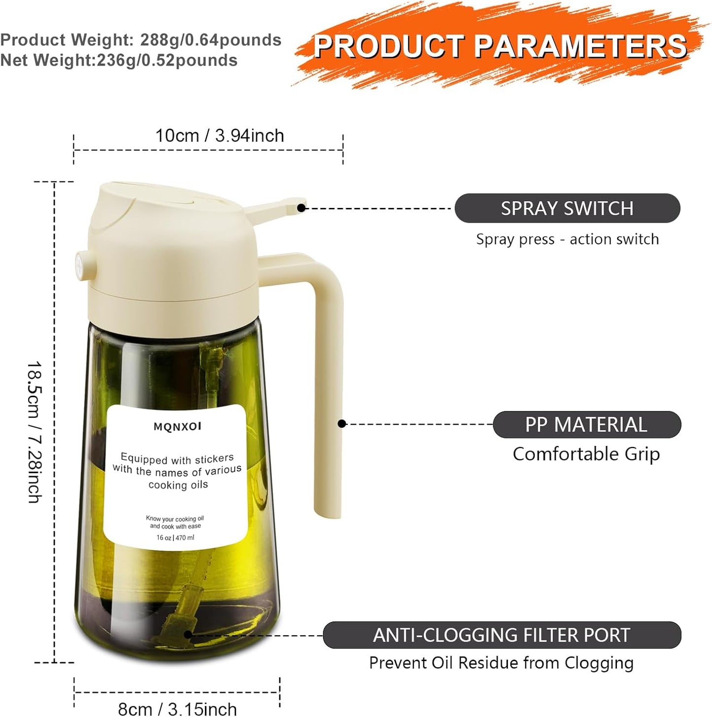 Skiennix 2-in-1 Glass Oil Sprayer & Dispenser - 16oz Olive Oil Bottle for Cooking & Air Fryer Accessories (White & Dark Green)