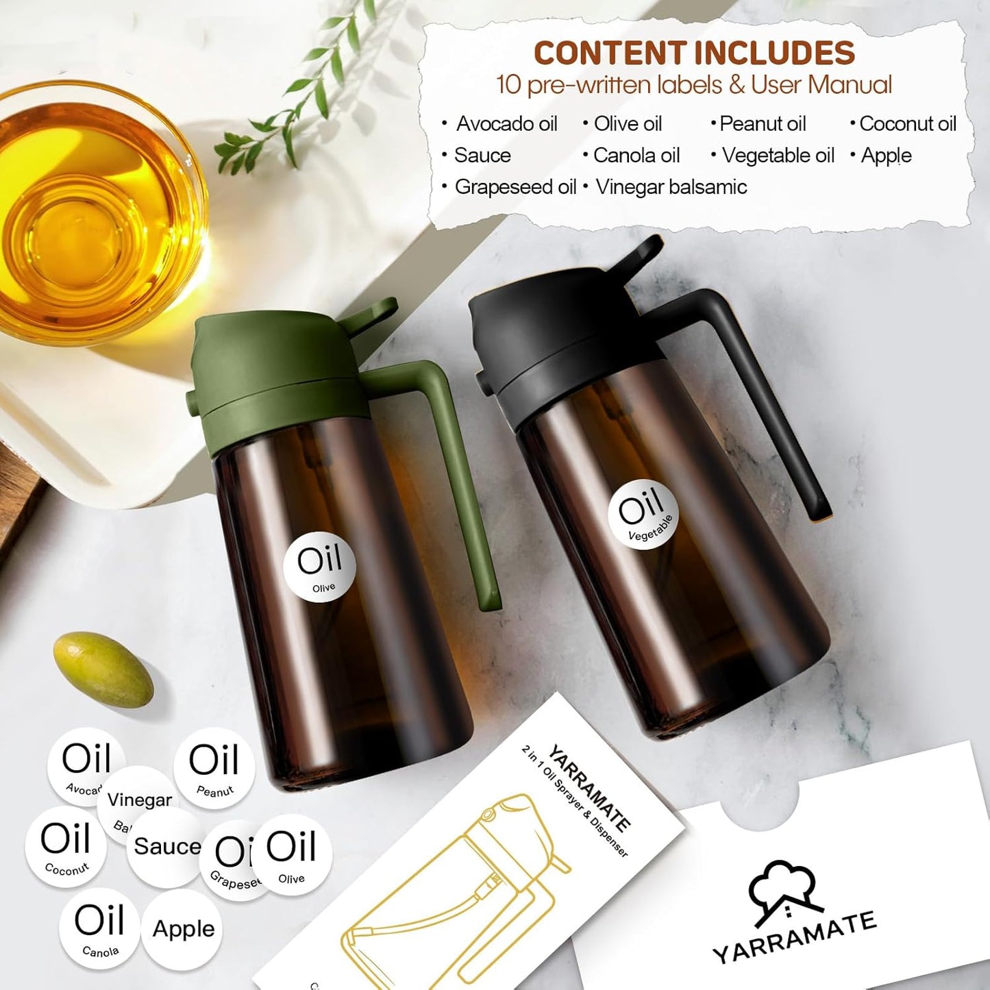 YARRAMATE 2Pcs Dark Brown Oil Sprayer - Food-Grade 2-in-1 Olive Oil Dispenser | 16oz for Cooking & BBQ