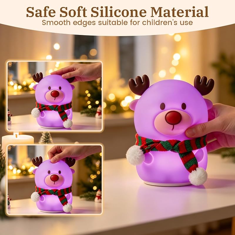 Reindeer Night Light for Kids – 7-Color USB Rechargeable Silicone Lamp with 3 Brightness Levels, Christmas Scarf