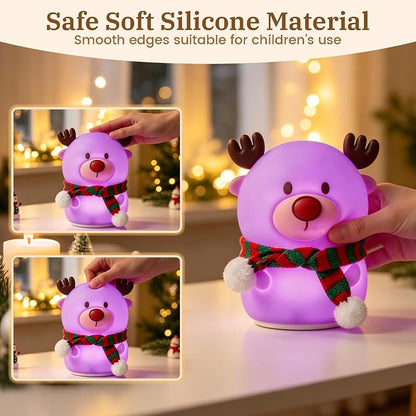 Reindeer Night Light for Kids – 7-Color USB Rechargeable Silicone Lamp with 3 Brightness Levels, Christmas Scarf
