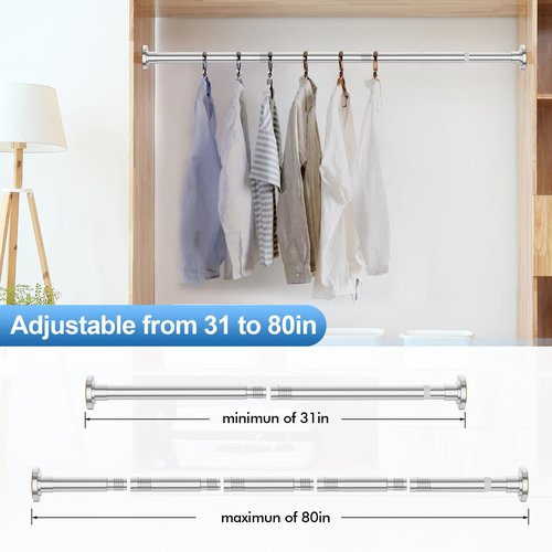 CorkLatta Chrome Shower Curtain Rod 31 to 80 Inch,1 Inch Diameter Adjustable Spring Tension Curtain Rod No Drilling Stainless Steel Telescoping Rod,No Rust