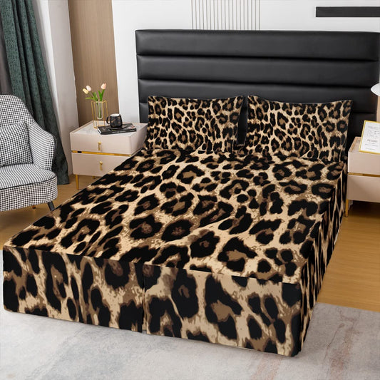 Leopard Bed Skirts Queen Size, Cheetah Print Bed Skirt Girls Women Black and Brown Leopard Print Ruffle Bedskirt for Kids Boys Teens Men Bedroom Decor, Safari Animal Soft Quadruple Pleated Ruffle