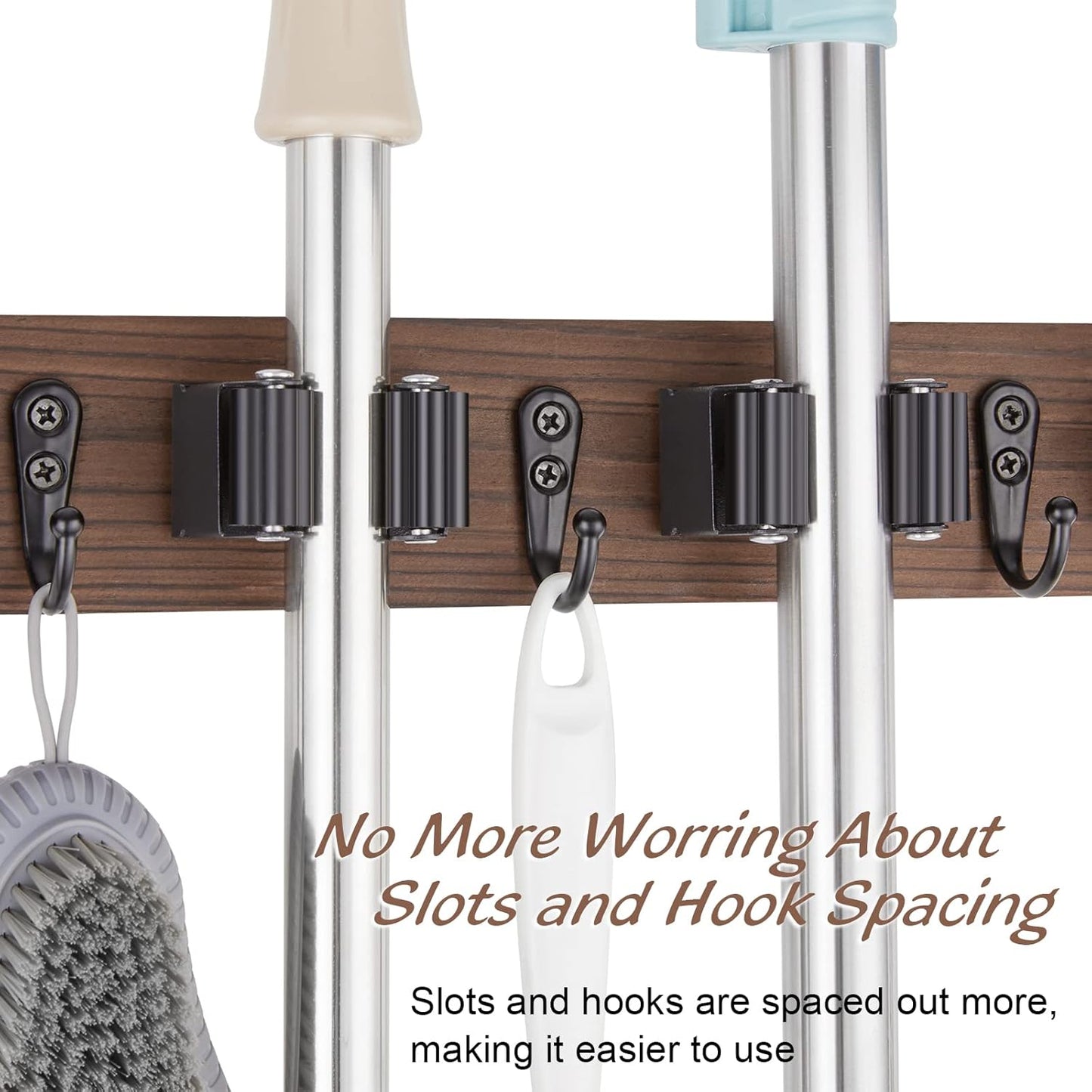 OUTNILI Mop and Broom Holder Wall Mount - Rustic Wood Organizer with 4 Slots & Hooks for Garage, Closet, Laundry Room