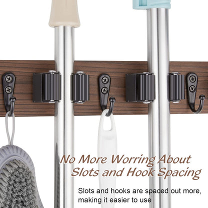 OUTNILI Mop and Broom Holder Wall Mount - Rustic Wood Organizer with 4 Slots & Hooks for Garage, Closet, Laundry Room