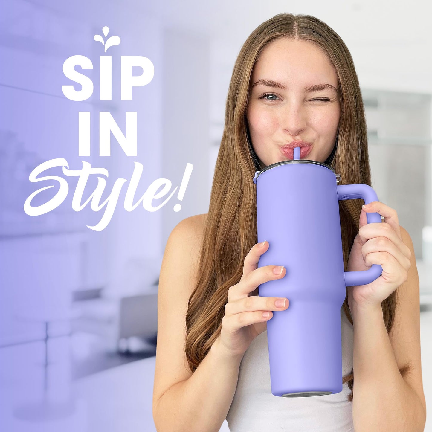 osse 40oz Tumbler with Handle and Straw Lid | Double Wall Vacuum Reusable Stainless Steel Insulated Water Bottle Travel Mug Cup | Modern Insulated Tumblers Cupholder Friendly (Lupine)