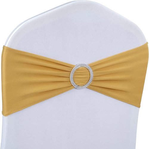 LEBENGURU Gold Spandex Chair Sashes - 50 Premium Stretch Bows with Buckle Slider for Weddings & Events