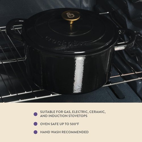 Crock Pot Artisan 7-Quart Round Cast Iron Dutch Oven - Durable Black Enamel Finish with Gold Knob
