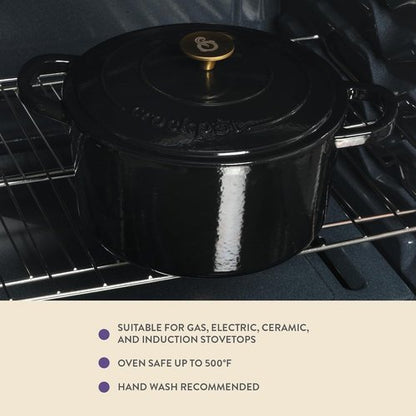 Crock Pot Artisan 7-Quart Round Cast Iron Dutch Oven - Durable Black Enamel Finish with Gold Knob