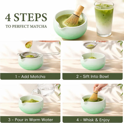 Skiennix Matcha Whisk Set - Complete 6PCS Ceramic Kit with Bowl, Bamboo Whisk, Scoop & Sifter - Green