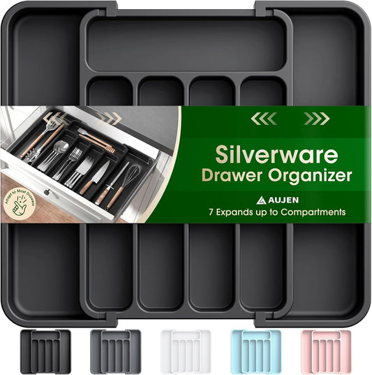 Aujen Silverware Organizer - Expandable Utensil Tray for Forks & Knives | Adjustable Kitchen Storage, Black, Medium