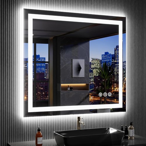 LOAAO LED Bathroom Mirror - 40" x 36" Anti-Fog, Dimmable, RGB Backlit & Front Lighted | Waterproof Tempered Glass