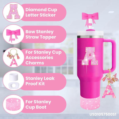 Stanley Cup Accessories Set - 6PCS Pink Initials Decorations for 30oz & 40oz Cups | Includes Bow Straw Topper, Handle Charm, Letter Sticker, Silicone Boot, Spill Proof Stopper (Letter A)