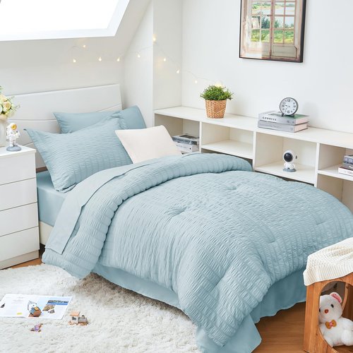 HYMOKEGE Lake Blue Twin XL Comforter Set Seersucker 5 Pieces, All Season Luxury Bed in a Bag for Bedroom, Bedding Set with Comforters, Sheets, Pillowcase & Sham