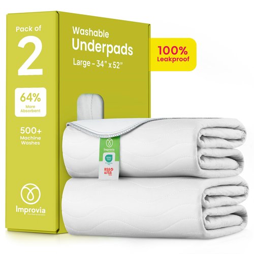 IMPROVIA® Washable Underpads, Heavy Absorbency Reusable Incontinence Pads for Kids, Adults, Elderly, and Pets - Waterproof Protection Floor White & White (2 Pack - 34x52)