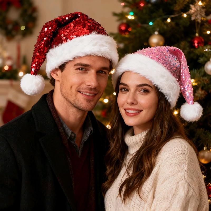 Pink Double-Layer Sequin Christmas Hat for Adults with Snowflake Pattern - Festive Santa Costume Accessory