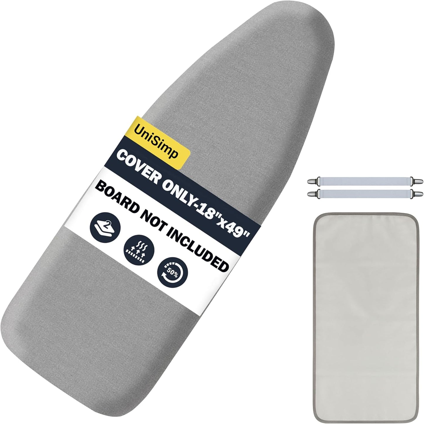 UniSimp Ironing Board Cover - Extra Thick Natural Cotton, Scorch & Stain Resistant | 18"x49" Gray