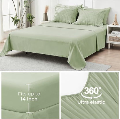 HYMOKEGE Comforter Set - Luxury Light Green Seersucker 7-Piece Bedding Set | All-Season Full Size