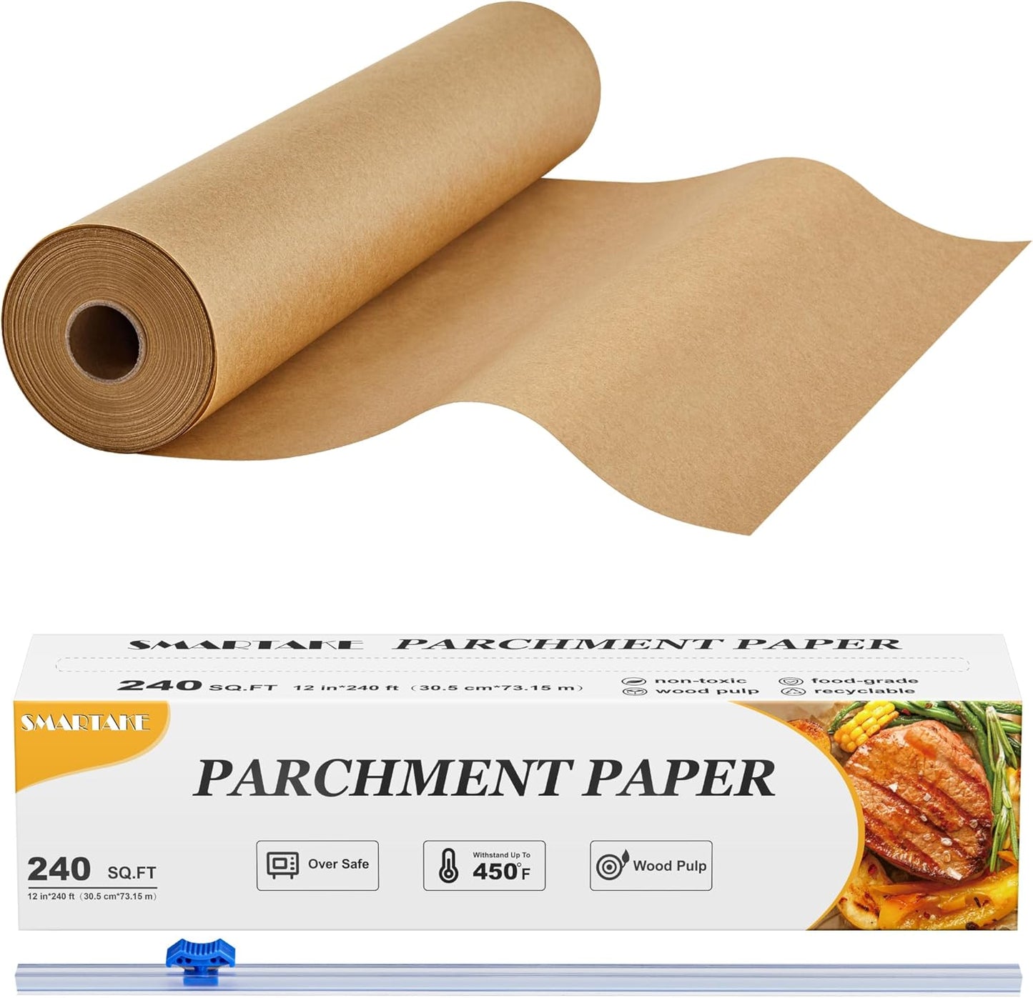 SMARTAKE Parchment Paper Roll - Non-Stick Unbleached Baking Paper, 12" x 240 ft with Slide Cutter