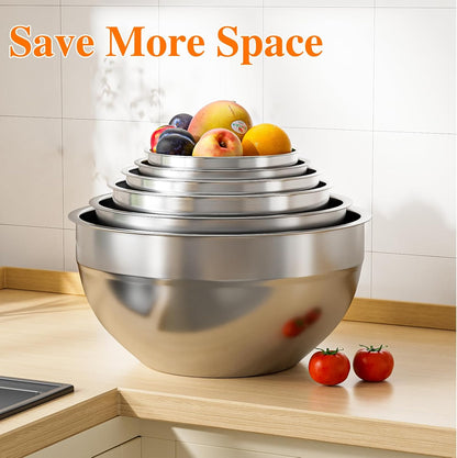 Skiennix Stainless Steel Mixing Bowls Set - 6 PCS with Lids & 3 Grater Attachments | Large Nesting Sizes 4.5QT to 0.7QT