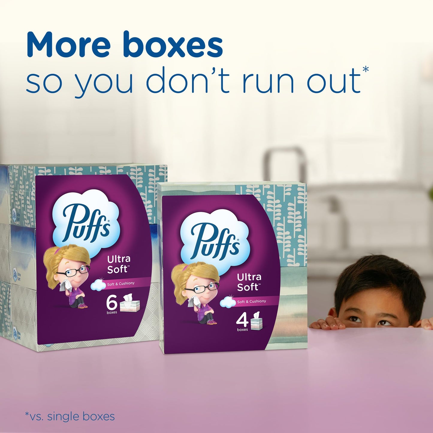 Puffs Ultra Soft Facial Tissues, 4 Family Size Boxes, 124 Facial Tissues per Box, Allergies and Colds